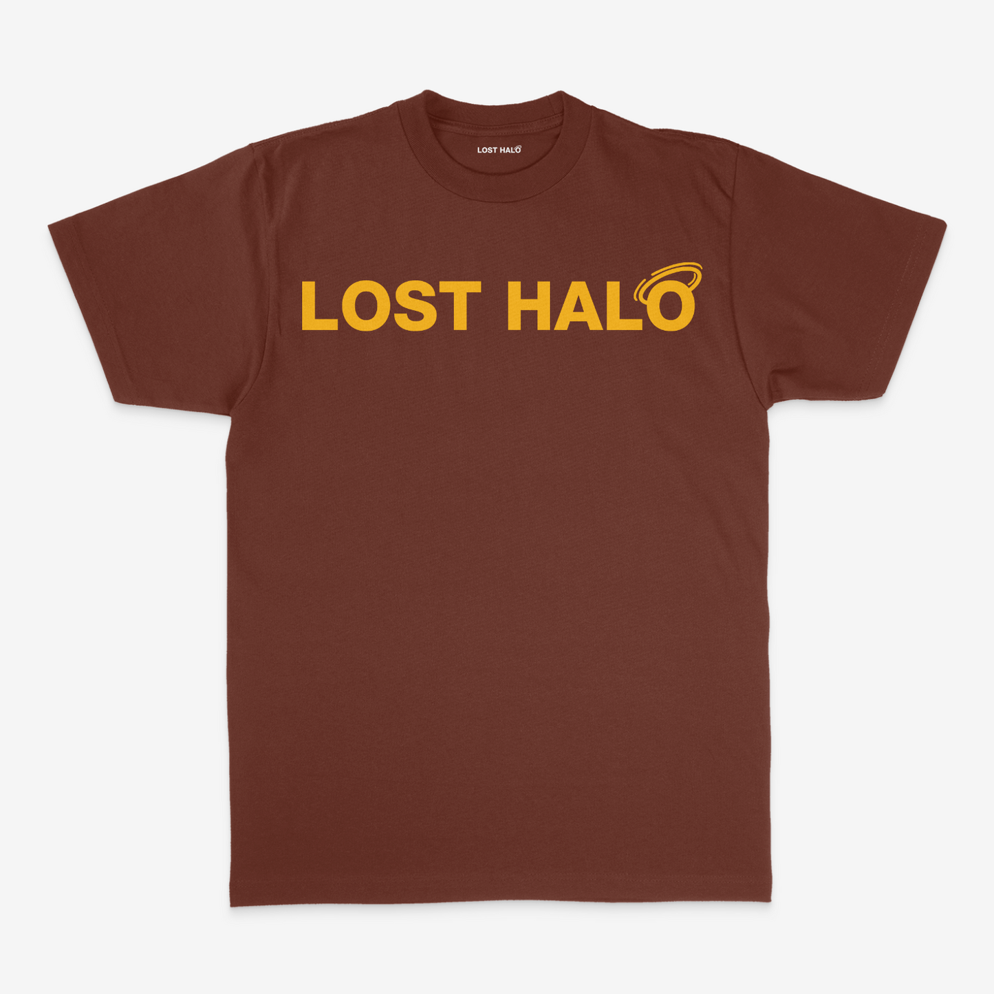 Brown Cotton short sleeve t shirt with gold Lost Halo Logo on chest