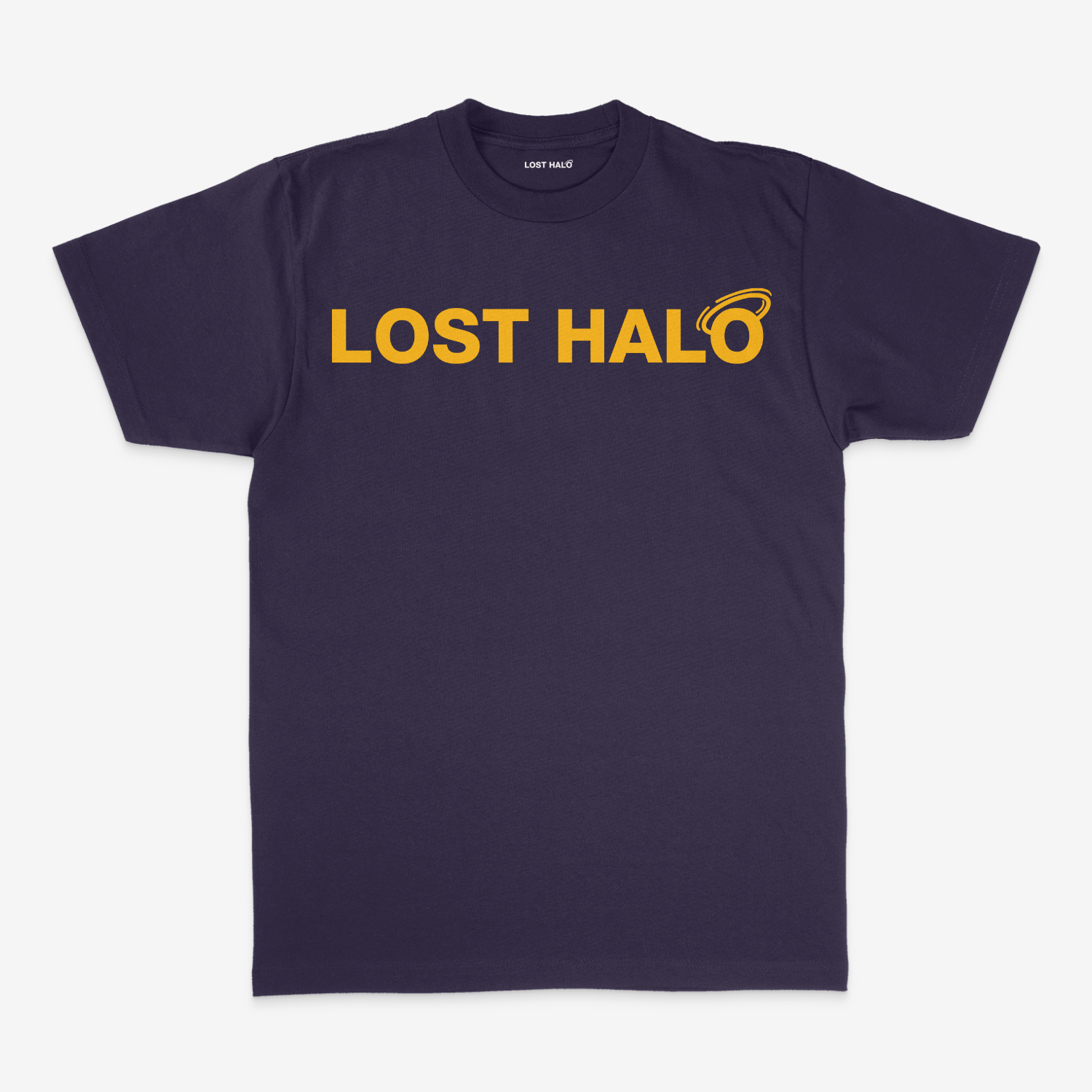 Navy Cotton short sleeve t shirt with gold Lost Halo Logo on chest