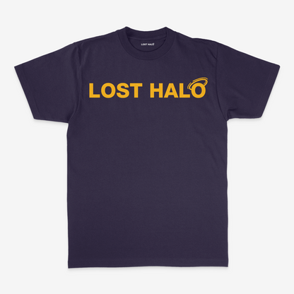 Navy Cotton short sleeve t shirt with gold Lost Halo Logo on chest